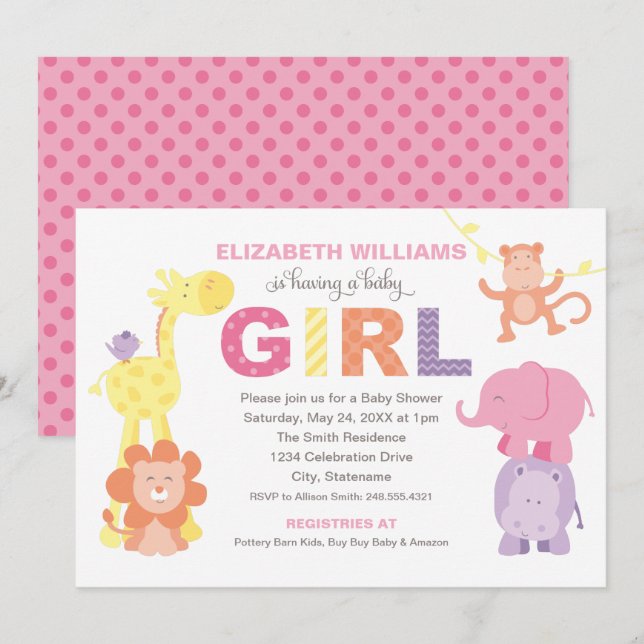 Modern Rosa Jungle Animals Girl Baby Shower Inbjudningar (Fram/baksida)