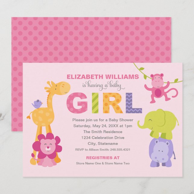 Modern Rosa Jungle Animals Girl Baby Shower Inbjudningar (Fram/baksida)