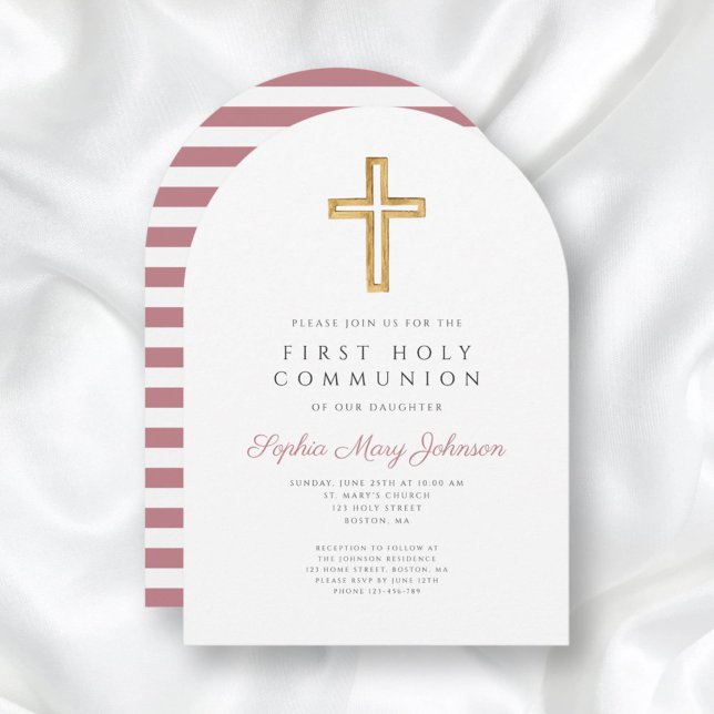Modern Rosa Kor Girl First Communion Arch Inbjudningar (Modern Pink Cross Girl First Communion Arch Invitation)