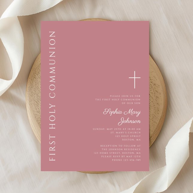 Modern Rosa Kor Girl First Communion Inbjudningar (Modern Pink Cross Girl First Communion Invitation)