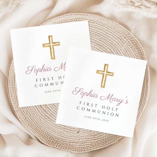 Modern Rosa Kor Girl First Communion Pappersservett (Modern Pink Cross Girl First Communion Napkins)