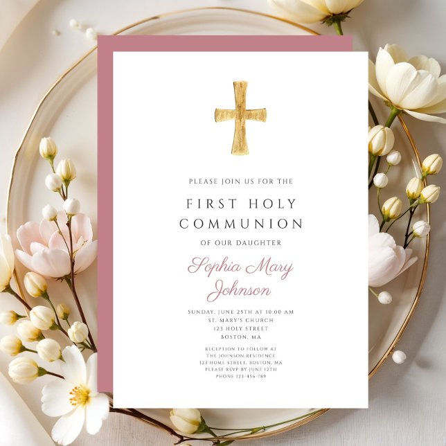 Modern Rosa Kor Girl Heliga Communion Inbjudningar (Modern Pink Cross Girl Holy Communion Invitation)