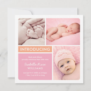Modern Rosa Korallfärg Block Babyflicka Födelse Meddelande
