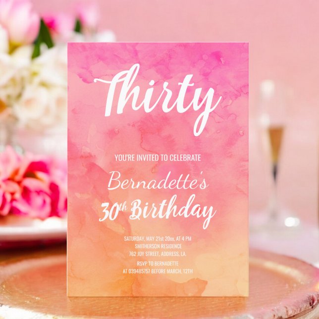 Modern rosa korallvattenfärgskombre 30års födelsed inbjudningar (Modern pink coral watercolor ombre 30th Birthday Invitation)