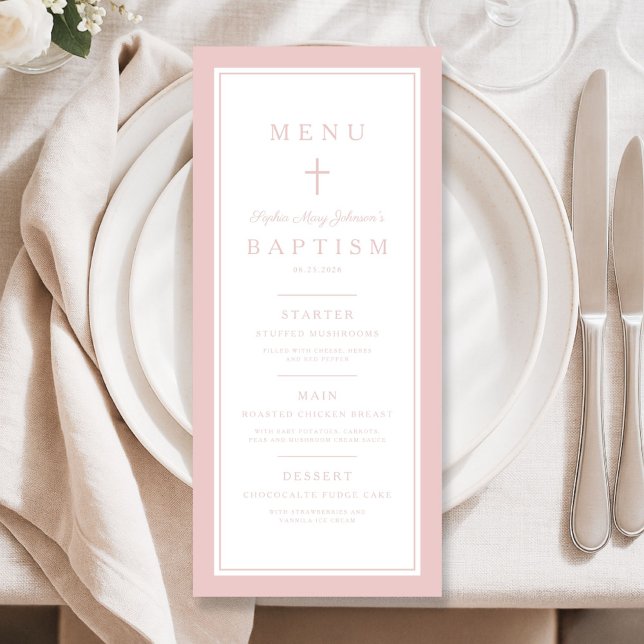 Modern Rosa Kors Flicka Dop Meny (Modern Pink Cross Girl Baptism Menu)