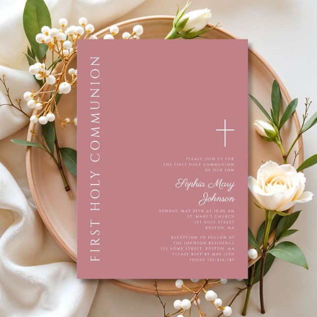 Modern Rosa Kors Flicka Första Kommunion Inbjudningar (Modern Pink Cross Girl First Communion Invitation)