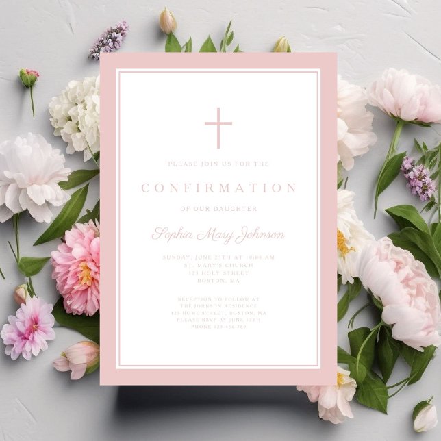 Modern Rosa Kors Flickbekräftelse Inbjudningar (Modern Pink Cross Girl Confirmation Invitation)