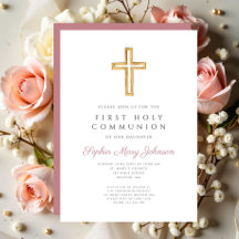 Modern Rosa Kors Religiös Flicka Första Kommunion