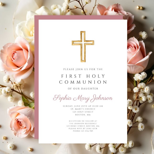 Modern Rosa Kors Religiös Flicka Första Kommunion Inbjudningar (Modern Pink Cross Religious Girl First Communion Invitation)