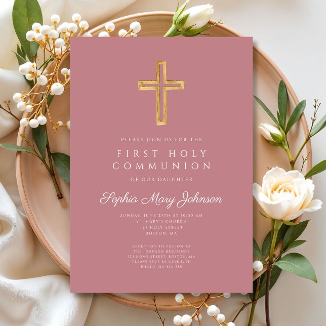 Modern Rosa Kors Religiös Flickas Första Kommunion Inbjudningar (Modern Pink Cross Religious Girl First Communion Invitation)