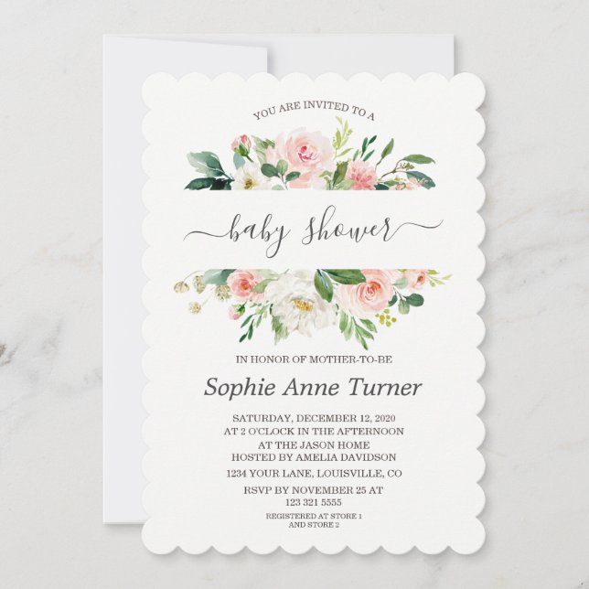Modern Rosa Kräm Blommig Kalligrafi Bebis Shower Inbjudningar (Framsida)
