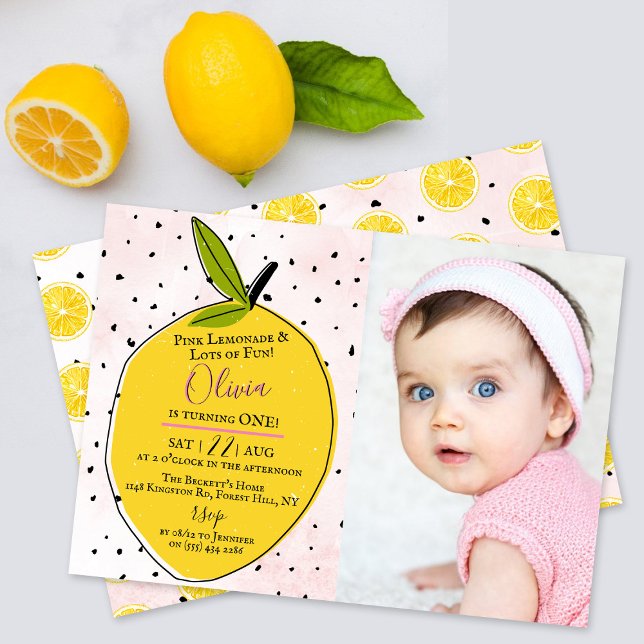 Modern Rosa Lemonade 1:a födelsedagsfoto Inbjudningar (Skapare uppladdad)
