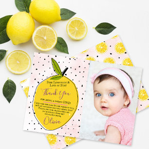 Modern Rosa Lemonade 1:a födelsedagsfoto Tack Kort