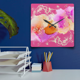 Modern Rosa Lila Orange Guld Alcohol Bläck Swirls Fyrkantig Klocka