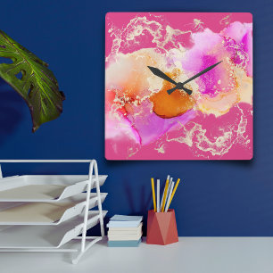 Modern Rosa Lila Orange Guld Alcohol Bläck Swirls Fyrkantig Klocka