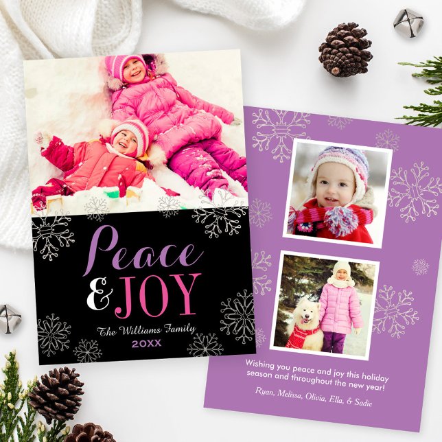 Modern Rosa Lila Peace and Joy Snowflake Photo Julkort (Skapare uppladdad)