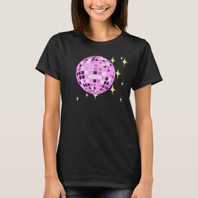 Modern Rosa Lila Retro Disco Boll Black T Shirt (Framsida)