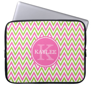 Modern Rosa Lime Green Chevron & Monogram Laptop Sleeve