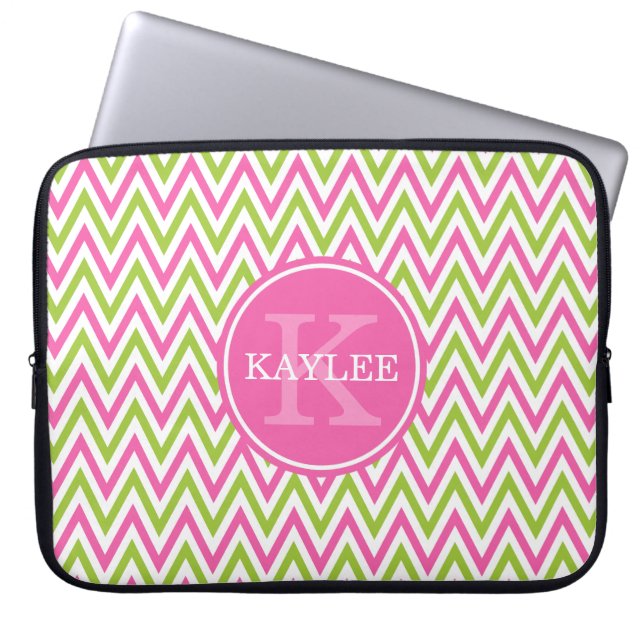 Modern Rosa Lime Green Chevron & Monogram Laptop Sleeve (Framsidan)