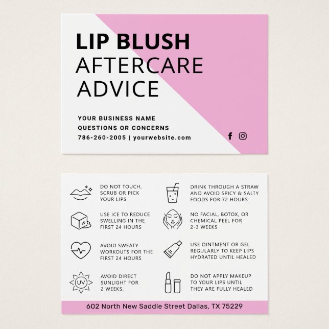 Modern Rosa Lip  After Care Instruction Card Visitkort (Framsida & baksida)