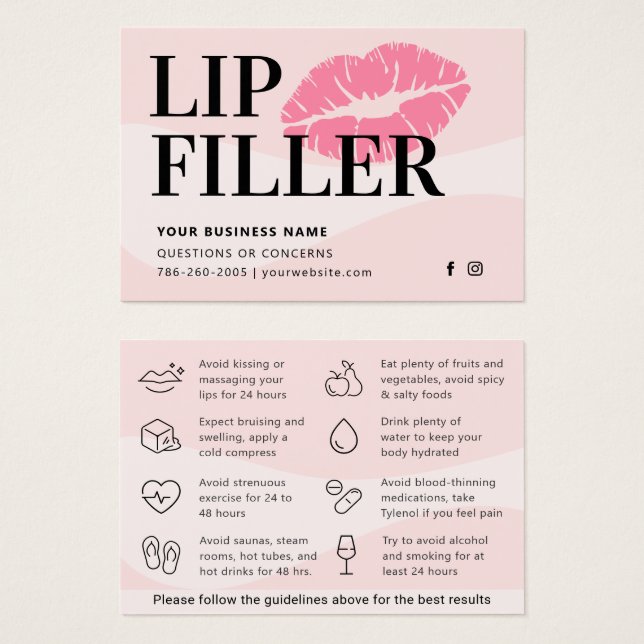 Modern Rosa Lip Filler Aftercare Instruktionskort Visitkort (Framsida & baksida)