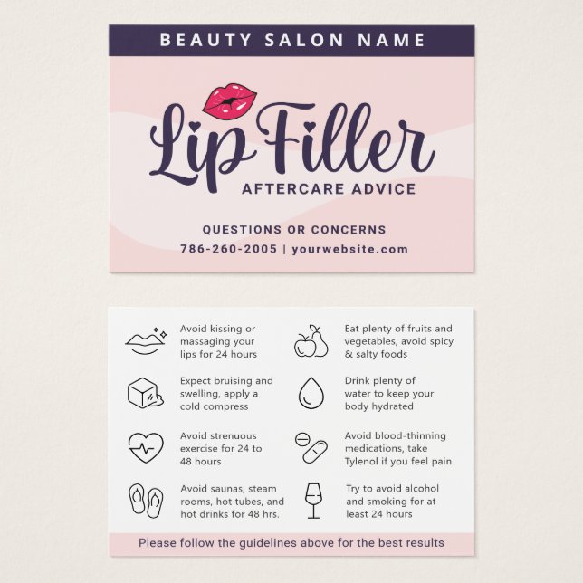 Modern Rosa Lip Filler Aftercare Instruktionskort Visitkort (Framsida & baksida)