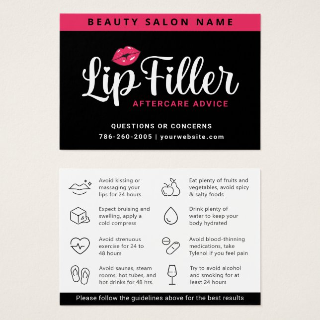 Modern Rosa Lip Filler Aftercare Instruktionskort Visitkort (Framsida & baksida)