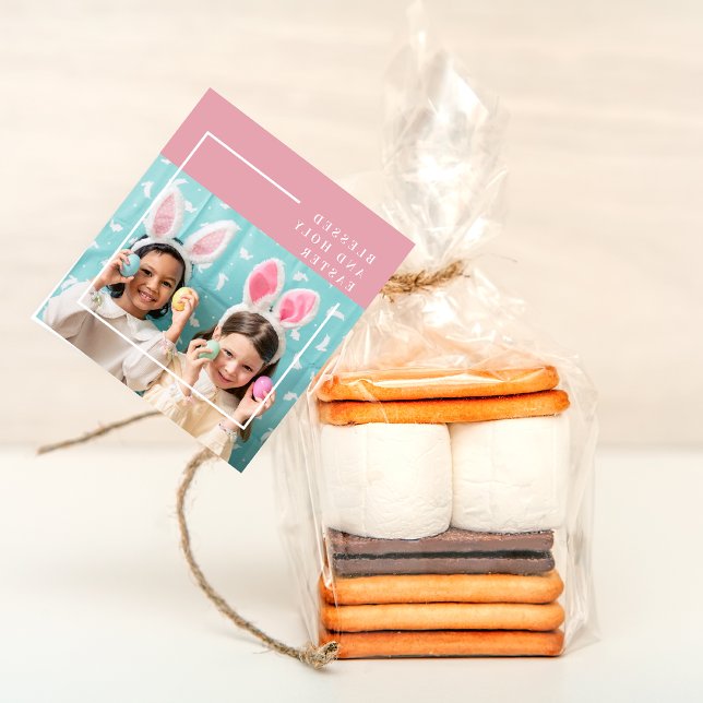 Modern Rosa Lycklig Blästat Påsk | Fotogåva Gåvor Etiketter (Skapare uppladdad)