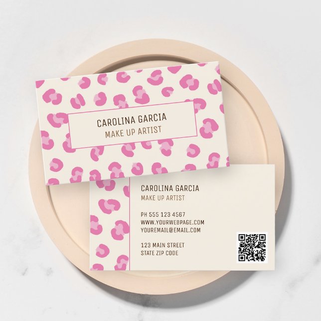 Modern Rosa Makeup Artist Visitenkort Visitkort (Chic professional personalized blush pink leopard print makeup artist business card)