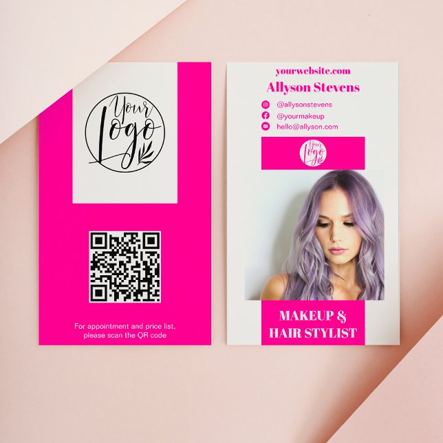 Modern rosa makeup-logotyp för hårfoto qr-kod visitkort (Modern neon pink makeup hair photo qr code logo business card)