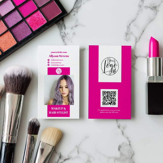 Modern rosa makeup-logotyp för hårfoto qr-kod visitkort (Modern neon pink makeup hair photo qr code logo business card)