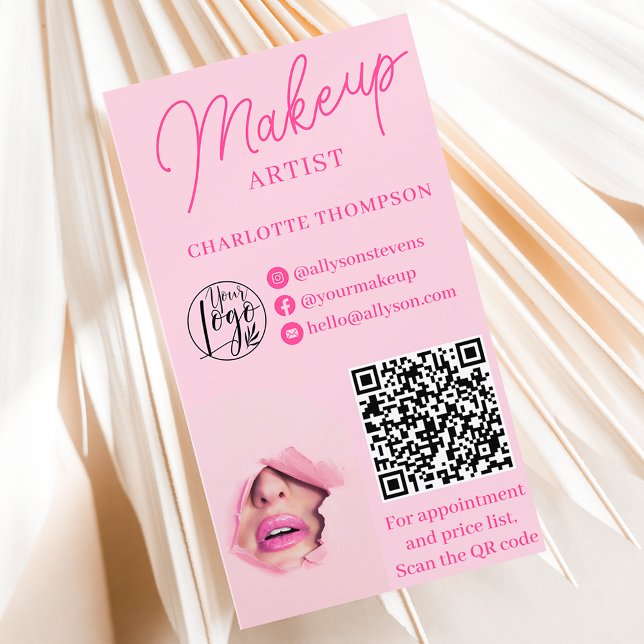 Modern rosa makup-logotyp Qr-kod 2-foton Visitkort (Modern pink makeup logo Qr code 2 photos Business Card)