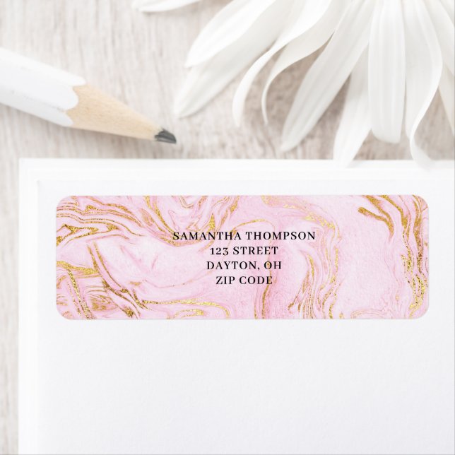 Modern Rosa Marble Guld Glitter Returadress Etikett (Insitu)