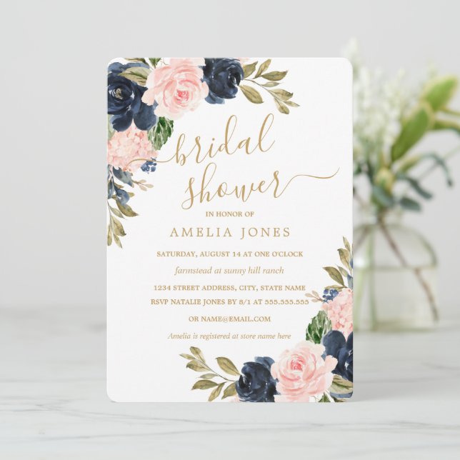 Modern Rosa Marin Blommig Bröllopsdusch Inbjudningar (Stående Fram)