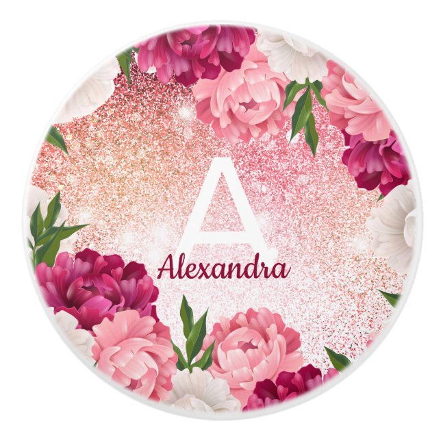 Modern Rosa Monogram Glitter Blommigt Knopp (Framsidan)
