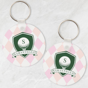 Modern Rosa Mönster Namn Initial Monogram Golf Nyckelring