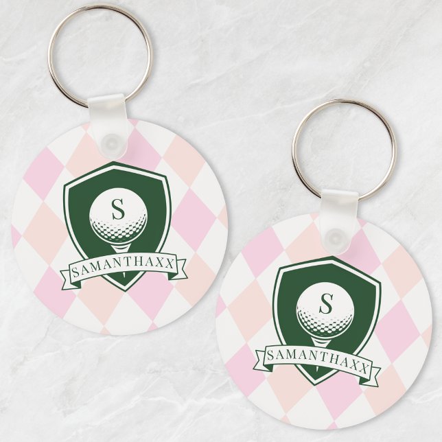 Modern Rosa Mönster Namn Initial Monogram Golf Nyckelring (Modern Pink Pattern Name Initial Monogram Golf Keychain)