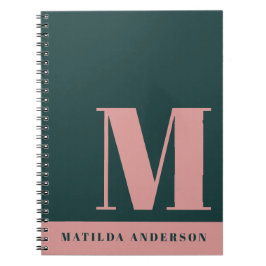Modern  Rosa, Mörk grönt monogramanpassningsbar Anteckningsbok