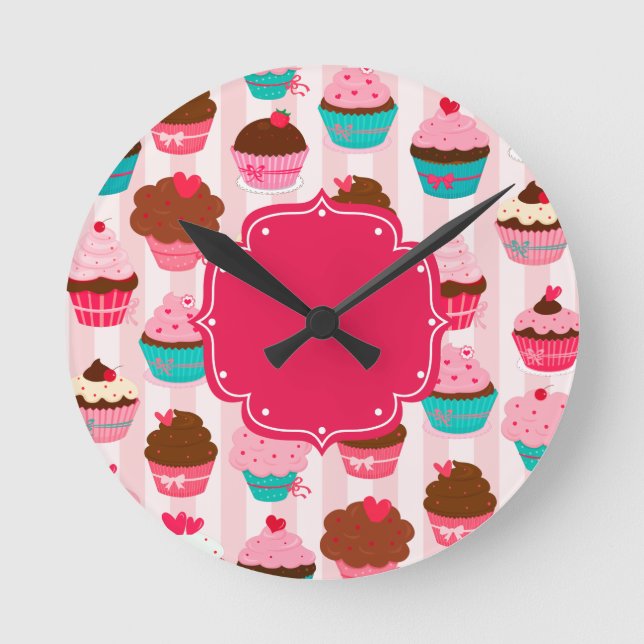 Modern Rosa Muffins Girly Rund Klocka (Framsida)