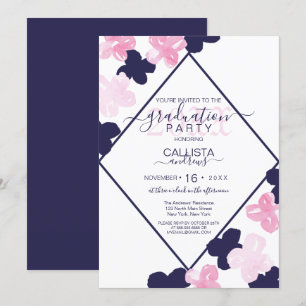 Modern Rosa Navy Watercolor Flowers Studenten Inbjudningar