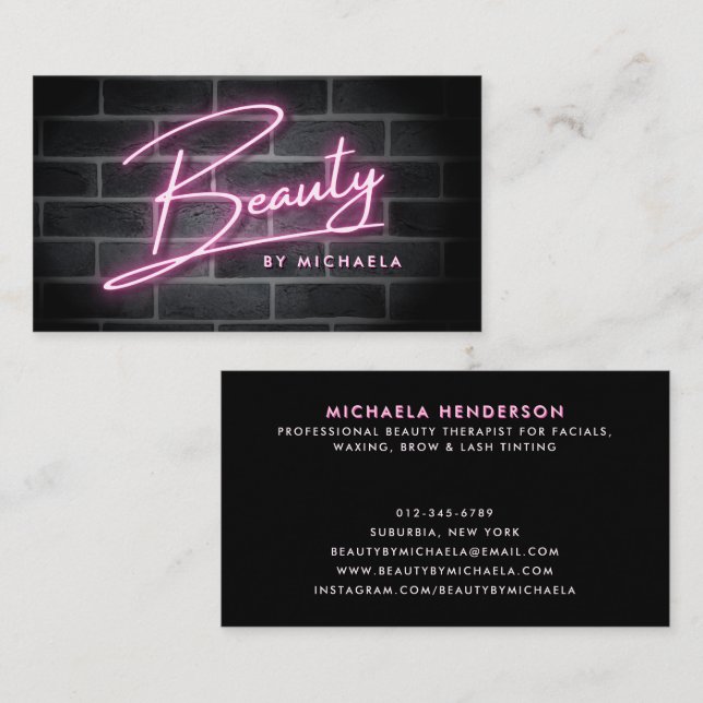Modern Rosa Neon "Beauty"-skylt på brickmuren Visitkort (Fram/baksida)