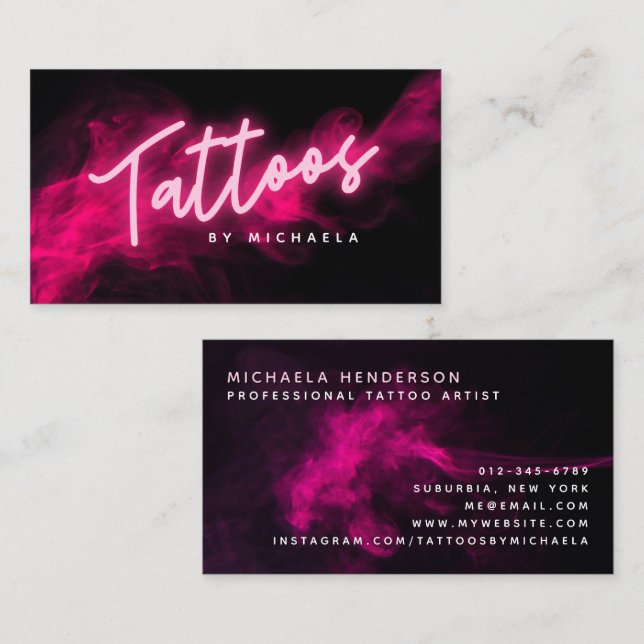 Modern rosa neon- & röktatueringkonstnär visitkort (Fram/baksida)