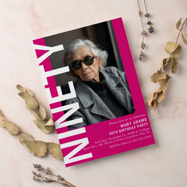 Modern Rosa NINETY Photo 90:e Födelsedagsfest Inbjudningar (Skapare uppladdad)