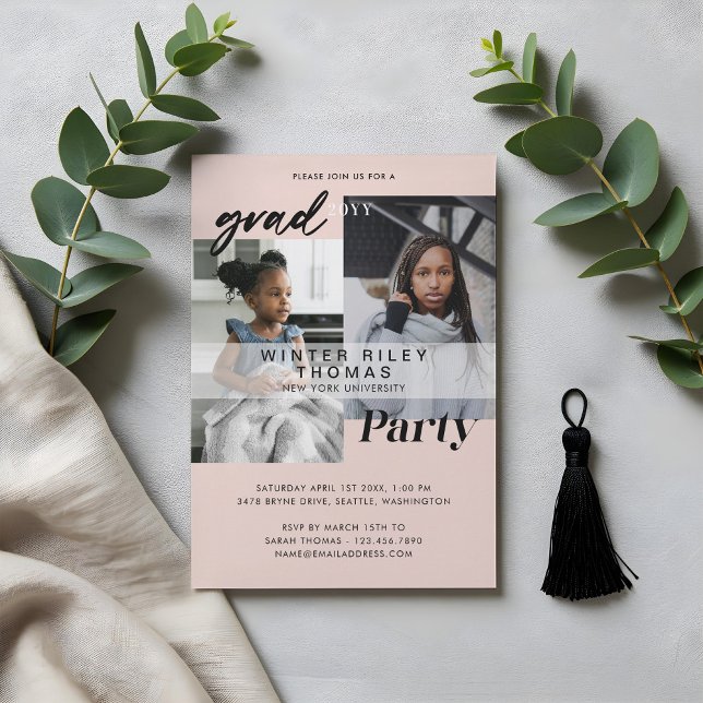 Modern Rosa nu och sedan två foto-Studentfester Inbjudningar (Modern Pink Now & Then Two Photo Graduation Party Invitation)