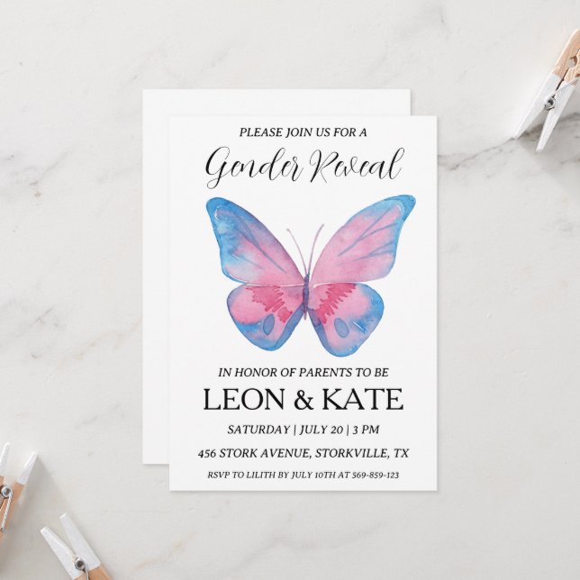 modern rosa och blå gender avslöjar inbjudningar (Fram/Back In Situ)