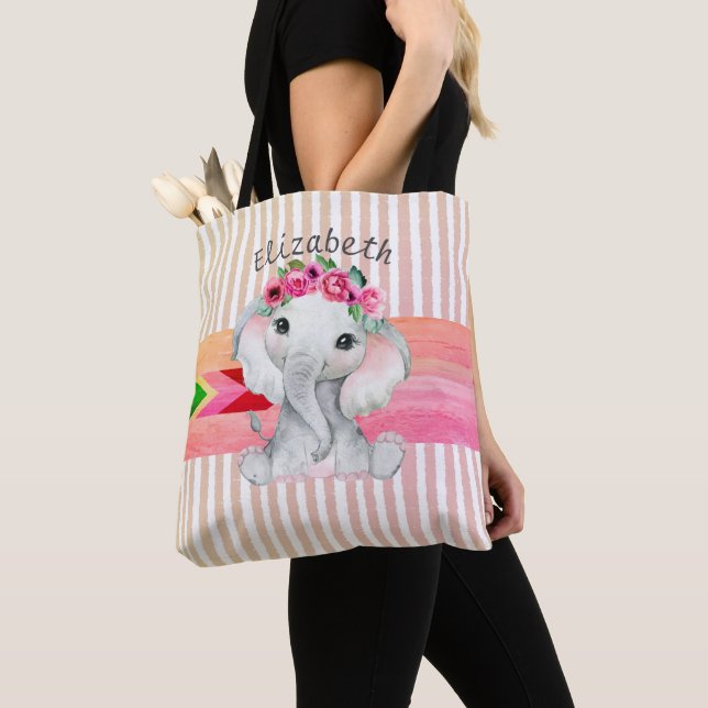 Modern rosa och grå elefantmonogram blöjbags tygkasse (Närbild)