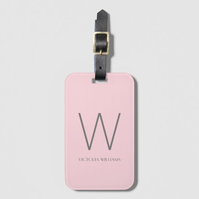 Modern  rosa och grått minimalistmonogram bagagebricka (Framsida vertikal)