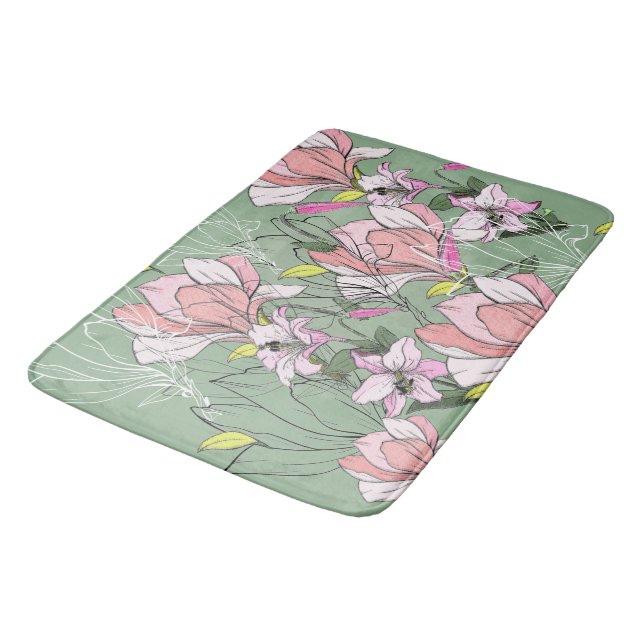 Modern rosa och grön botanisk mönster badrumsmatta (Vinklad)