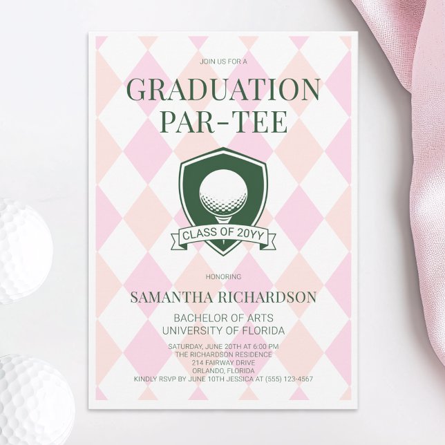 Modern rosa och grön preppy golf-examensfest inbjudningar (Modern Pink and Green Preppy Golf Graduation Party Invitation)