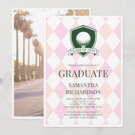 Modern rosa och grön preppy golf fotograduation meddelande